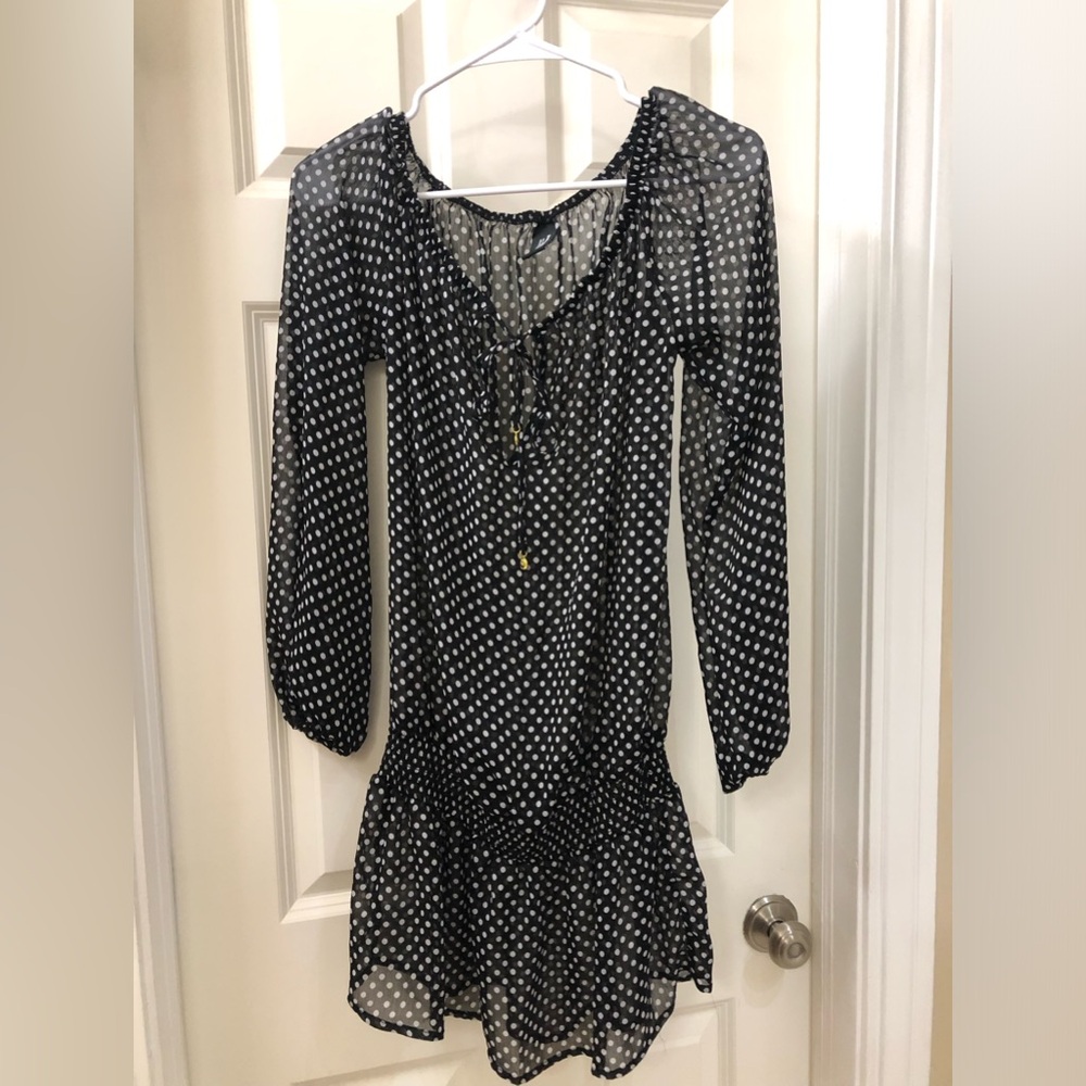 Jones New York Sheer Black & White Polka Dot Long Sleeve Peasant Blouse Sz S